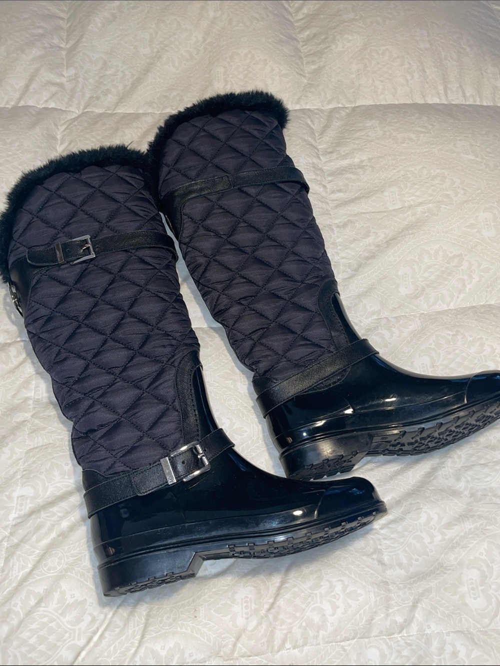 Michael Kors Black Quilted Tall Rain Boots with Faux Fur Cuff